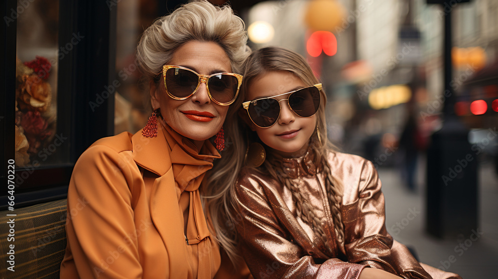 A stylish grandmother and her fashionable granddaughter posing together in a chic urban setting