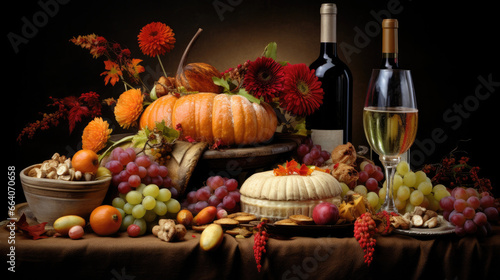 A festive table with pumpkins, various grape varieties, flowers and bottles of wine with a glass. Autumn still life for Thanksgiving