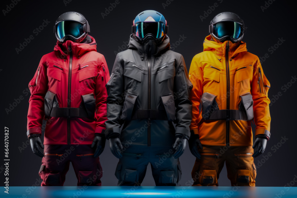 Snowboarding thermal layering systems displayed isolated on a gradient background Snowboarding thermal layering systems displayed isolated on a gradient background