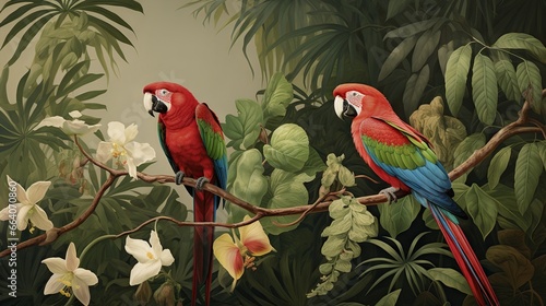  two parrots sitting on a branch in a tropical forest.  generative ai © Anna