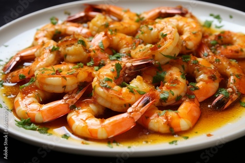 A savory dish featuring delicious shrimp cooked with garlic, butter, and white wine. Generative AI