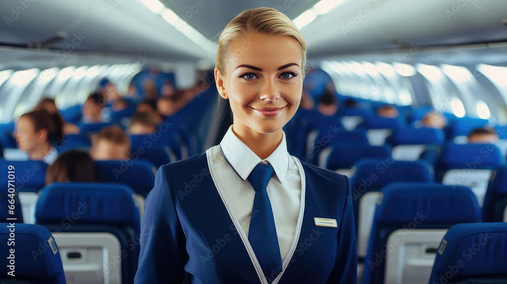Portrait of young stewardess in uniform against the background of an airplane cabin. First-class service and maintenance of airplane peregrinations. Portrait of young stewardess in uniform against the background of an airplane cabin. First-class service and maintenance of airplane peregrinations.