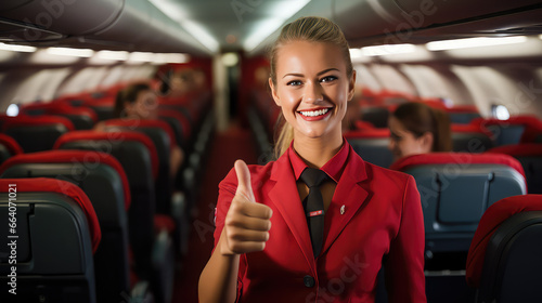 Portrait of young stewardess in uniform against the background of an airplane cabin. First-class service and maintenance of airplane peregrinations.  photo