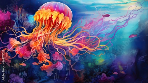  a painting of a jellyfish in a blue sea with corals.  generative ai © Anna
