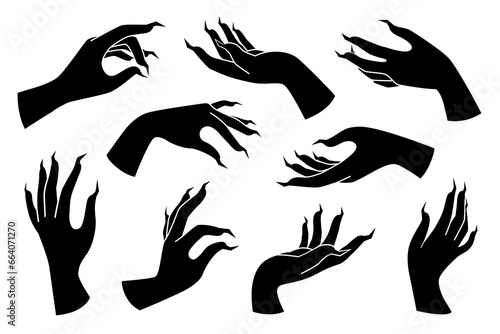 Set of hands with claws, talons isolated on white background. Vector flat illustration. Design for scary print, banner, poster