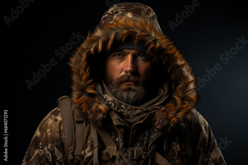 Camouflage thermal hunting wear for winter wilderness isolated on a white background 