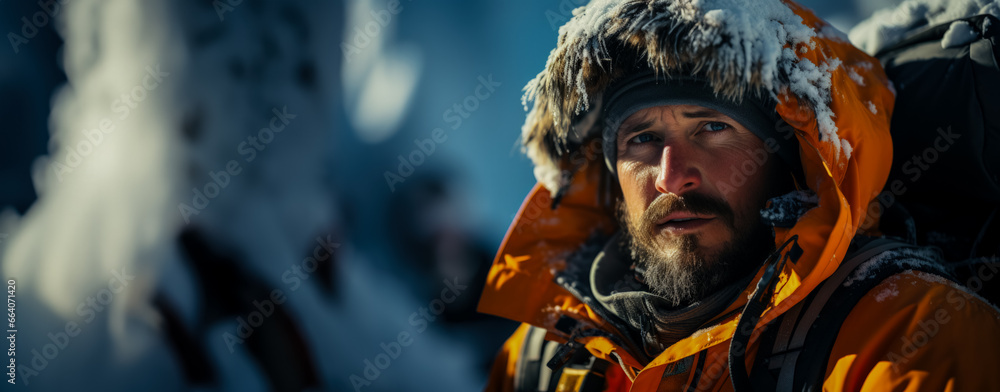 Ice climber mastering heights with cutting-edge thermal adventure gear on Ice climber mastering heights with cutting-edge thermal adventure gear on