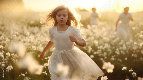 Сute little girl in a dress running through a flowery blooming field with lots of flowers in summer. White color.  © SnowElf