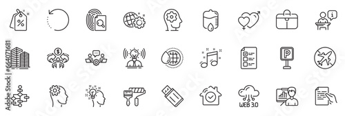 Icons pack as Parking, Teamwork and Voting ballot line icons for app include Web3, Seo gear, Discount tags outline thin icon web set. Hold document, Usb flash, World water pictogram. Vector