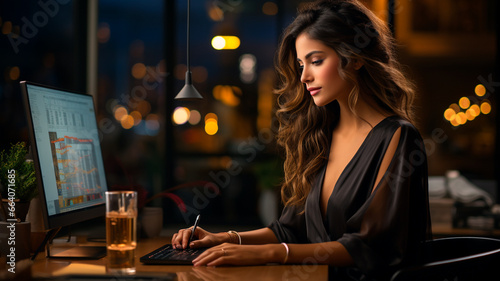 beautiful young woman working with laptop in the evening