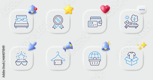 Online shopping, Clothing and Pillows line icons. Buttons with 3d bell, chat speech, cursor. Pack of Discount medal, Clean towel, Wallet icon. Lounger, Best glasses pictogram. Vector