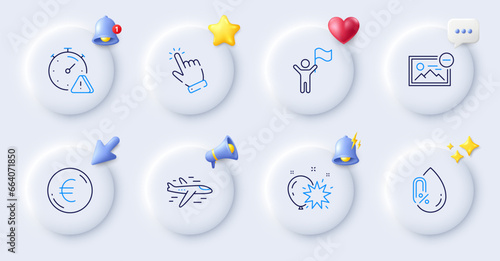 No alcohol, Remove image and Leadership line icons. Buttons with 3d bell, chat speech, cursor. Pack of Euro money, Cursor, Balloon dart icon. Attention, Airplane pictogram. Vector