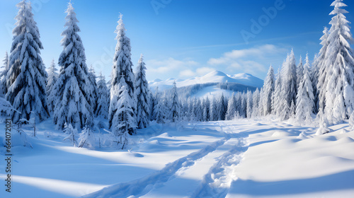 Winter Wonderland, Majestic Snow-Covered Pine Trees in a Breathtaking Landscape