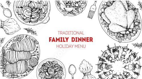 Family dinner. Holiday menu. Food design template. Engraved style background. Food and drink set. Hand drawn sketch, design template.