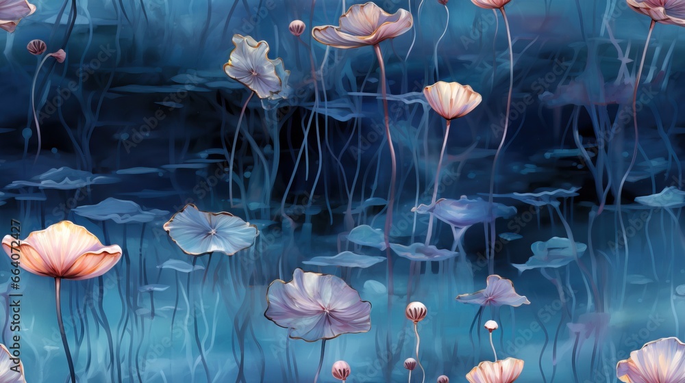  a painting of pink flowers floating in a pond of water.  generative ai