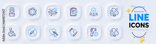 People insurance, Coronavirus and Sodium mineral line icons for web app. Pack of Disability, Vaccine report, Social care pictogram icons. Oculist doctor, Vaccination schedule. Vector
