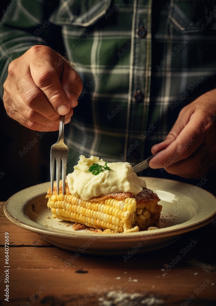 Pastel de Elote: An enticing shot of Corn Cake served with a dollop of cream, highlighting its rustic charm.
