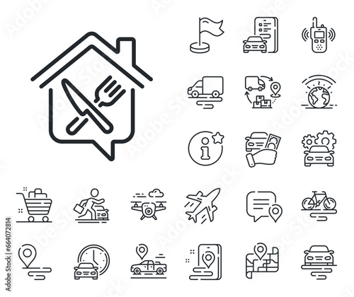 Meal order at home sign. Plane, supply chain and place location outline icons. Food delivery line icon. House food deliver symbol. Food delivery line sign. Taxi transport, rent a bike icon. Vector