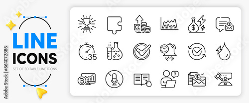 Puzzle, Accounting report and New message line icons set for app include Approved, Trade chart, Bitcoin chart outline thin icon. Electricity price, Inflation, Timer pictogram icon. Vector