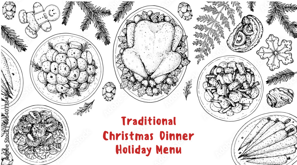 Christmas food. Christmas dinner. Holiday menu. Food design template