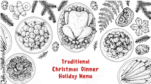 Christmas food. Christmas dinner. Holiday menu. Food design template. Engraved style background. Food and drink set. Hand drawn sketch, design template.