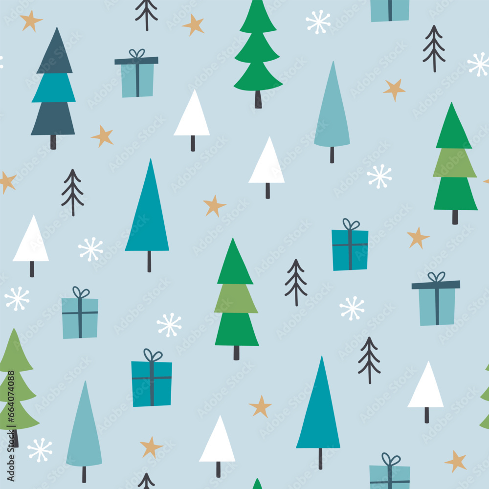 Christmas seamless pattern with trees, gift boxes, snowflakes and stars. Winter background. Vector illustration. Christmas seamless pattern with trees, gift boxes, snowflakes and stars. Winter background. Vector illustration.