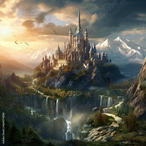 a middleage fantasy landscape with a castle in the background inside a mountain and a stormy weather coming up 