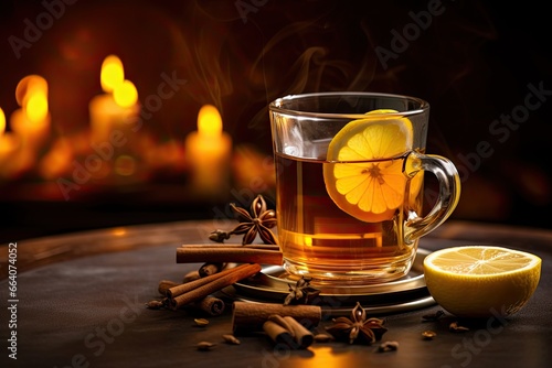 Hot toddy - hot whiskey with lemon, honey and spices. Against the background of glare.