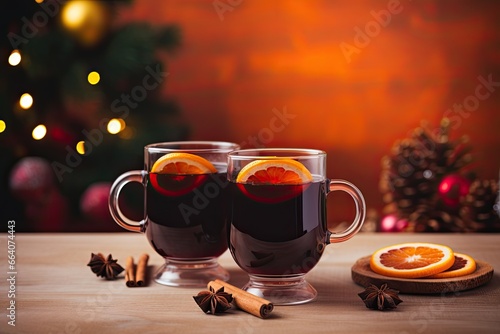 Mulled wine, richly colored red wine brewed with spices. On a Christmas background.