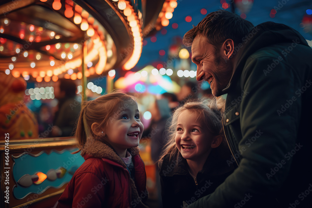 Parents and children playing in the amusement park at night with everything illuminated and colorful.