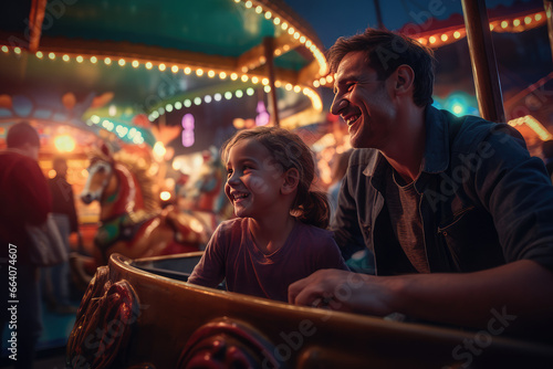 Parents and children playing in the amusement park at night with everything illuminated and colorful.
