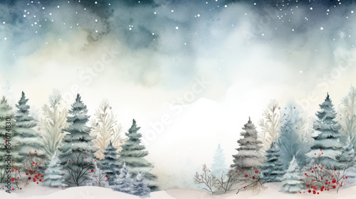 Watercolor Winter Christmas tree forest background with snow, Frame template, Copy space. Generative AI © BussarinK