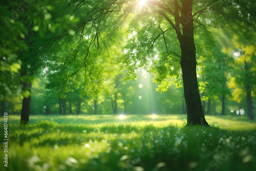 Copy Space Background with Sun Beams, Green Trees, Wild Grass in Forest or Park © chinthaka