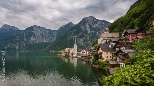 The beautiful Austrian village of Hallstatt on the shores of an alpine lake. A well-known tourist destination in Austria.