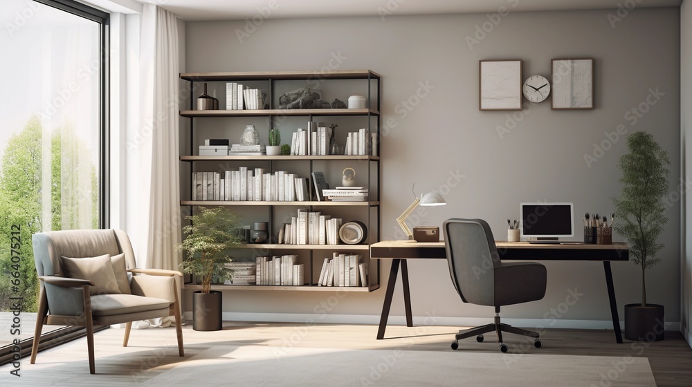 Fototapeta premium Office room at home, modern interior in Scandinavian style, desk, chair, shelf with books