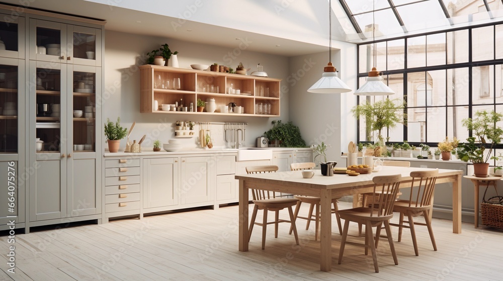 Warm Scandinavian-style kitchen, cozy cooking room, table, chairs, wooden shelves
