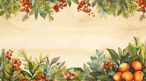 Watercolor Christmas background with green leaves and holly berries, Winter frame template, Copy space. Generative AI