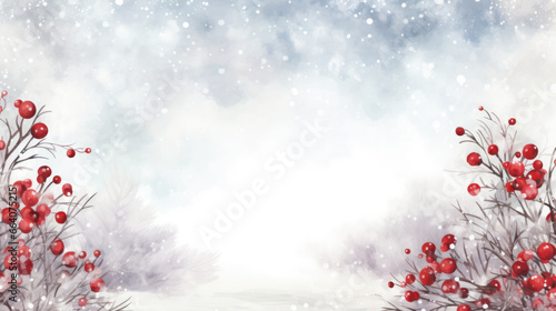 Watercolor Christmas background with green leaves and holly berries, Winter frame template, Copy space. Generative AI