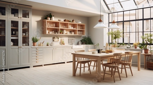 Warm Scandinavian-style kitchen, cozy cooking room, table, chairs, wooden shelves