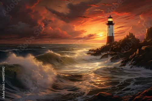 Stormy sunset with a lighthouse. Generative AI