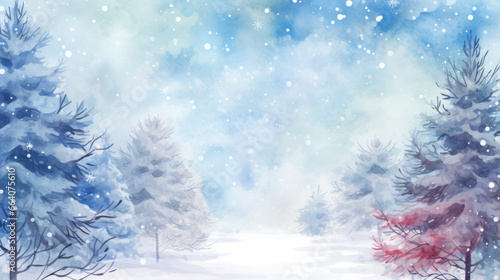 Watercolor Winter Christmas tree forest background with snow, Frame template, Copy space. Generative AI photo