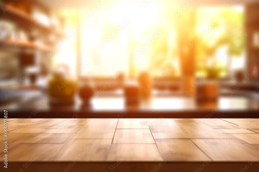 Fototapeta premium Wooden texture table top on blurred kitchen interior background. Epmty template for product display.