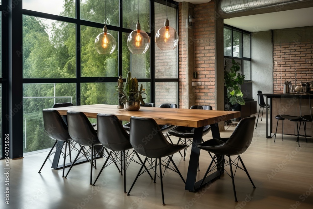 Modern dining area with spacious table and industrial chairs. Generative AI