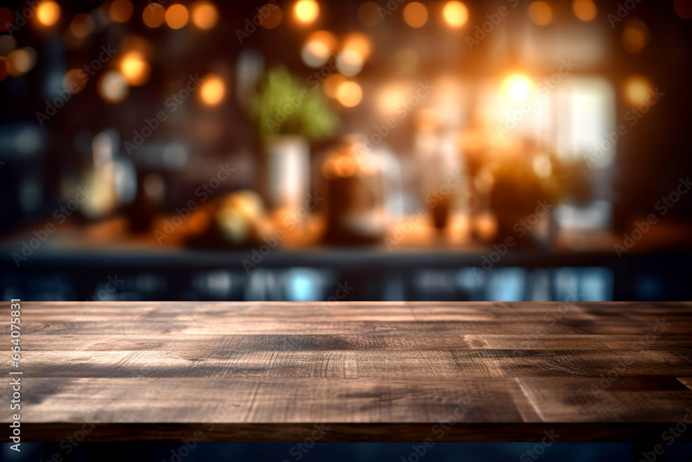 Wooden texture table top on blurred kitchen interior background. Epmty template for product display.