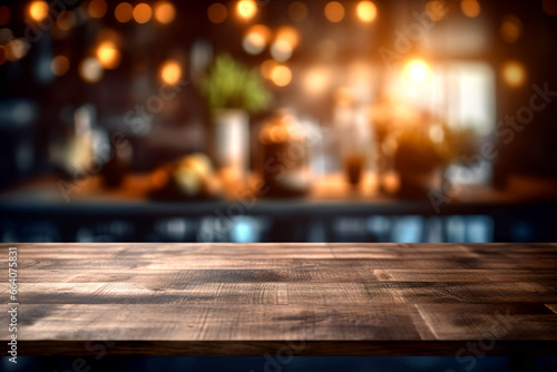 Wooden texture table top on blurred kitchen interior background. Epmty template for product display.