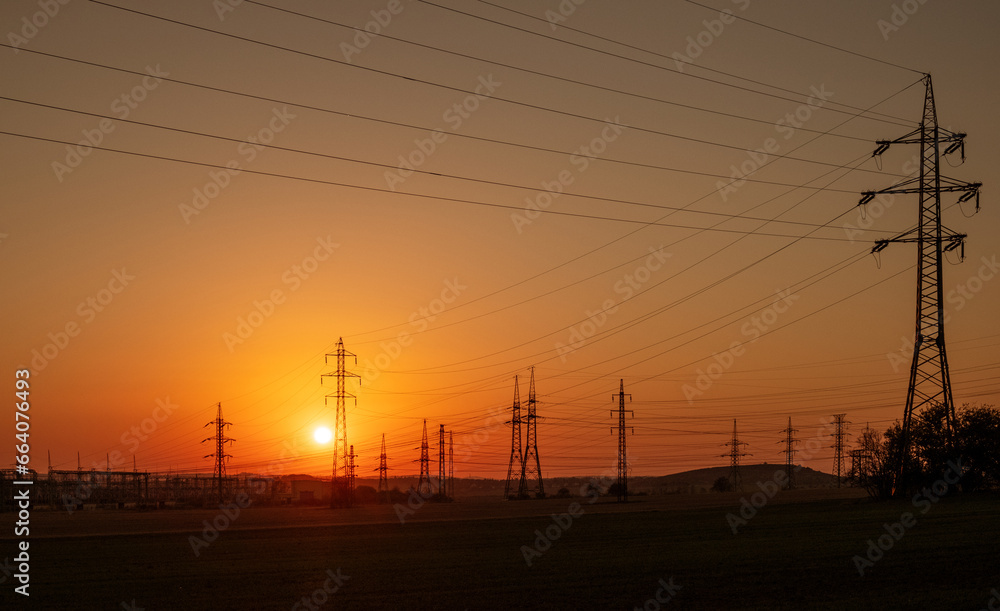high-tension wires in sunset, high voltage, sunset, sunset behind power station