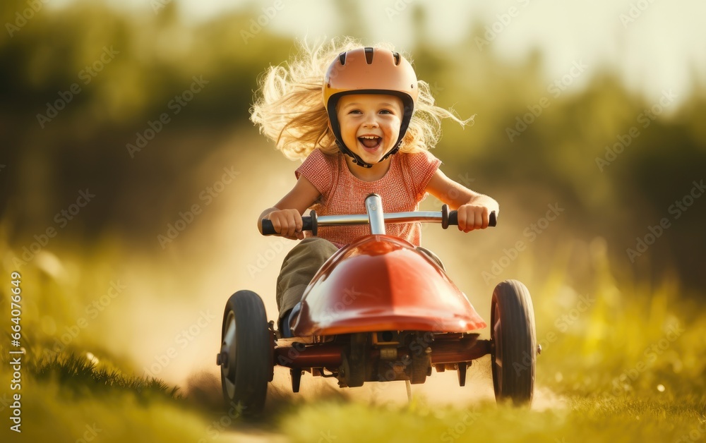 Young girl kid driving a little pedal car Young girl kid driving a little pedal car
