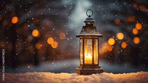 Magic lantern with candles in the snow against the background of night lights. Christmas atmosphere