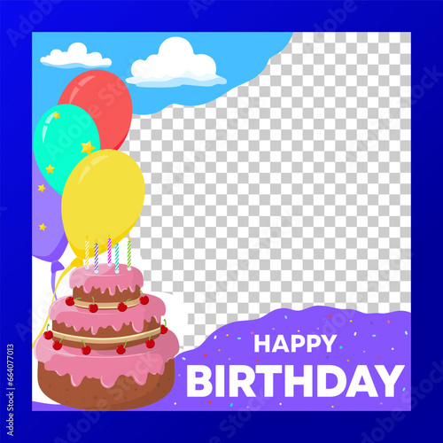 Happy Birthday.Bright frame for holiday party in cartoon style isolated on transparent background with cake,balloons on clouds background,confetti.For photo booth,cards,invitations.Vector illustration