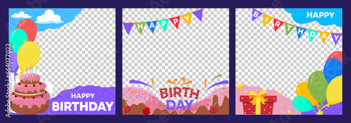 Happy Birthday cartoon frames set. B-day party photobooth props with cake, presents, balloons, garlands and confetti. Flat style design template for photo booth or party. Vector illustration